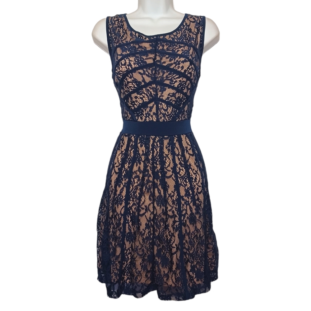 CANDALITE PETITE Navy Blue Floral Lace Stripe Tan Sleeveless A-Line Dress XL P